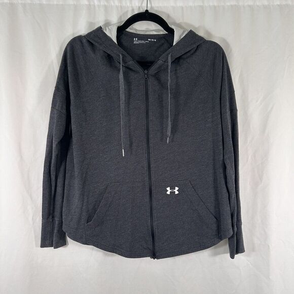 Under Armour Hoodie Women's Medium Grey Full Zip Drawstring Long Sleeve Sweater - Picture 1 of 9